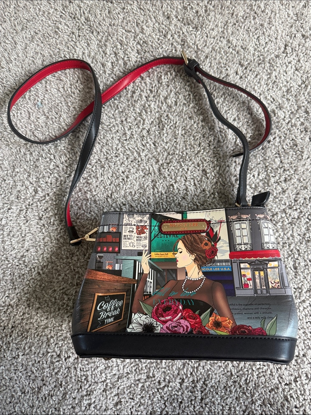 Artisan Illustrated Crossbody Bag - Black with Red Accents